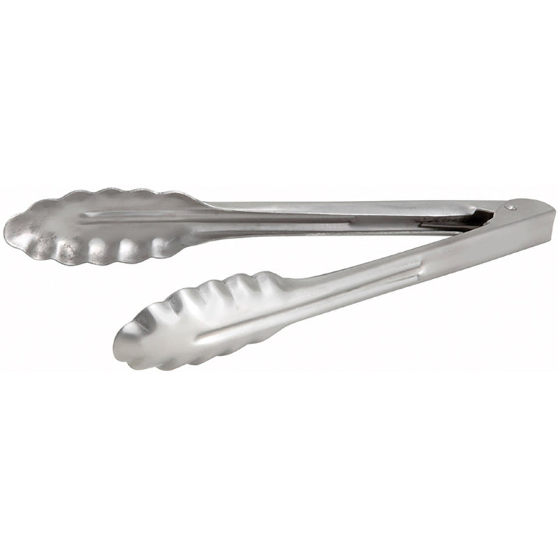 Winco heavy stainless steel utility tongs with scalloped edges and spring-loaded arms, polished finish, side view