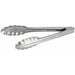 Winco heavy stainless steel utility tongs with scalloped edges and spring-loaded arms, polished finish, side view
