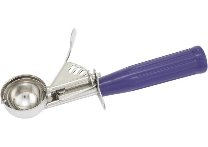 Winco stainless steel ice cream disher with purple colour-coded plastic handle and thumb release