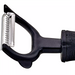 Winco julienne peeler with soft grip handle, close-up of the toothed stainless steel julienne cutting blade