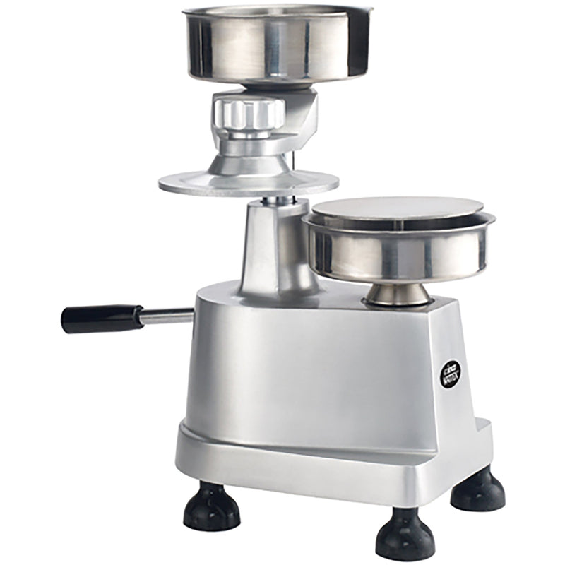 Winco KATTEX HBP-3 heavy-duty burger patty press, aluminum base with stainless mould and lever handle, angled