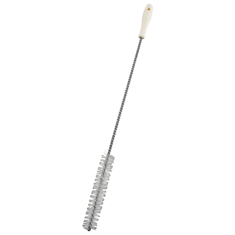 Winco kettle valve brush, long twisted wire handle with white bristle cleaning head and white grip
