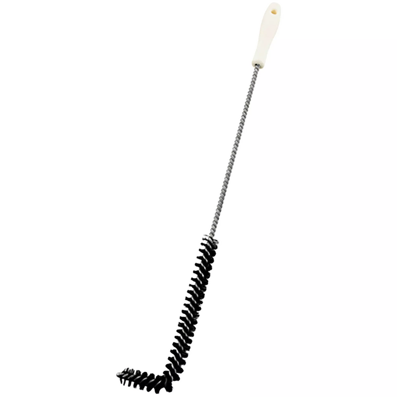Winco L-shaped fryer brush with black bristles on a bent wire shaft and white handle for cleaning fryers