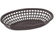 Winco large oval fast food basket in black plastic with woven lattice sides, angled view