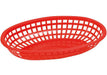 Winco large oval fast food basket in red plastic with woven lattice sides, angled view