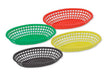 Winco large oval plastic fast food baskets, pack of 12, shown in green, red, yellow and black