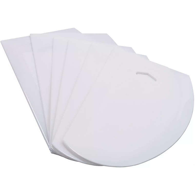 Winco large white plastic dough scrapers, pack of 6, fanned out to show the curved edge and thumb hole