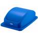 Winco lid for slender 23 gallon trash bins in blue, swing-top dome lid with rectangular base, angled view