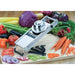 Winco MDL-18 stainless steel mandoline slicer set shown in use with sliced vegetables on a cutting board