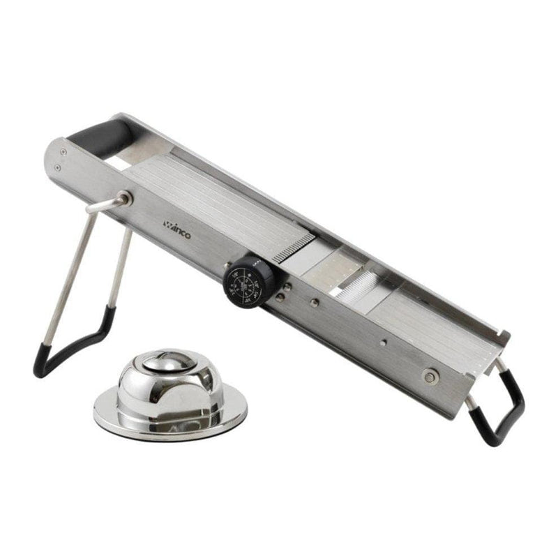 Winco MDL-18 stainless steel mandoline slicer set with folding legs and adjustment knob, side view