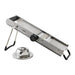 Winco MDL-18 stainless steel mandoline slicer set with folding legs and adjustment knob, side view