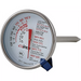Winco stainless steel meat thermometer with round dial, red doneness markings and probe stem, front view