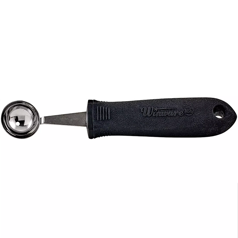 Winco melon baller with soft grip handle, round stainless steel scoop and black non-slip handle, side view