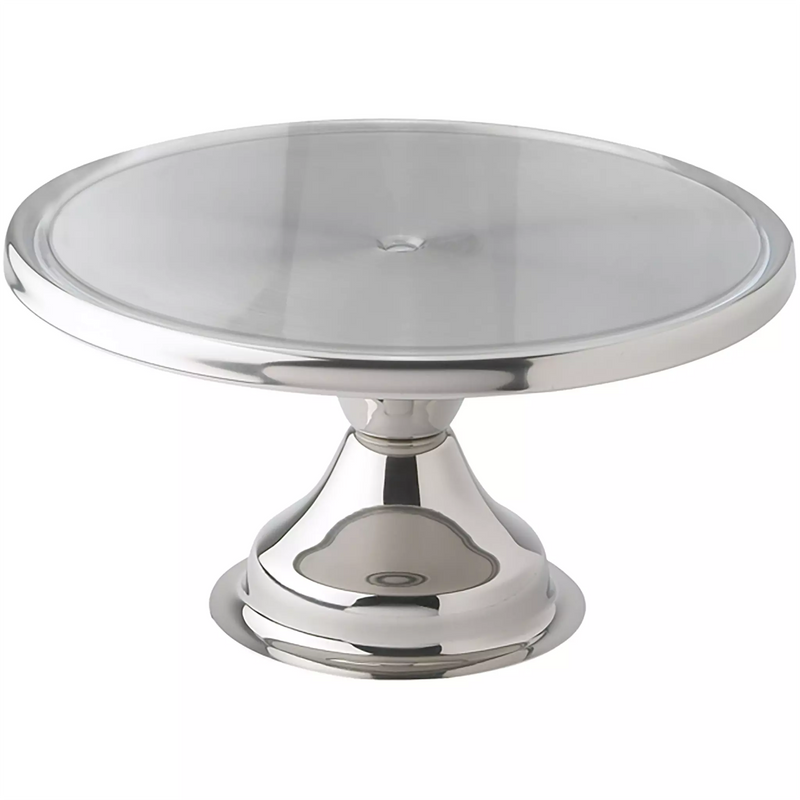 Winco metal cake stand, round stainless steel serving plate on a flared pedestal base, front angled view