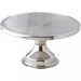 Winco metal cake stand, round stainless steel serving plate on a flared pedestal base, front angled view