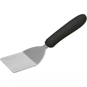 Winco stainless steel mini turner with offset, small square blade and black handle, angled view of the full turner