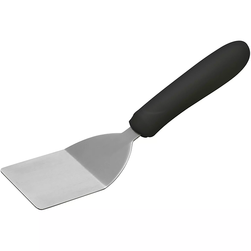 Winco stainless steel mini turner with offset, small square blade and black handle, angled view of the full turner