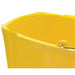 Winco yellow mop bucket with side-press wringer, close-up of the bucket rim and metal carry bail handle