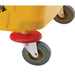 Winco yellow mop bucket with side-press wringer, close-up of the red-collared grey swivel caster wheel