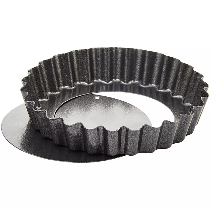 Winco non-stick aluminized carbon steel quiche pan, dark grey fluted ring with its removable bottom shown behind it