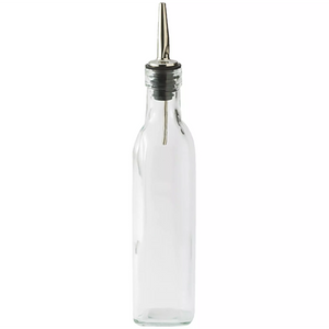 Winco clear glass oil and vinegar cruet bottle with stainless steel spout pourer, front view