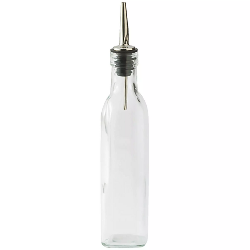 Winco clear glass oil and vinegar cruet bottle with stainless steel spout pourer, front view