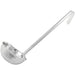 Winco one-piece stainless steel ladle with long hooked handle, tenth bowl size option, side view