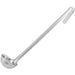 Winco one-piece stainless steel ladle with long hooked handle, second bowl size option, side view