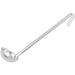 Winco one-piece stainless steel ladle with long hooked handle, fourth bowl size option, side view