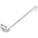 Winco one-piece stainless steel ladle with long hooked handle, fifth bowl size option, side view