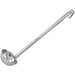 Winco one-piece stainless steel ladle with long hooked handle, sixth bowl size option, angled view