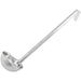 Winco one-piece stainless steel ladle with long hooked handle, seventh bowl size option, side view