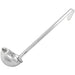 Winco one-piece stainless steel ladle with long hooked handle, eighth bowl size option, side view