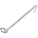 Winco one-piece stainless steel ladle with long hooked handle, smallest bowl size option, side view