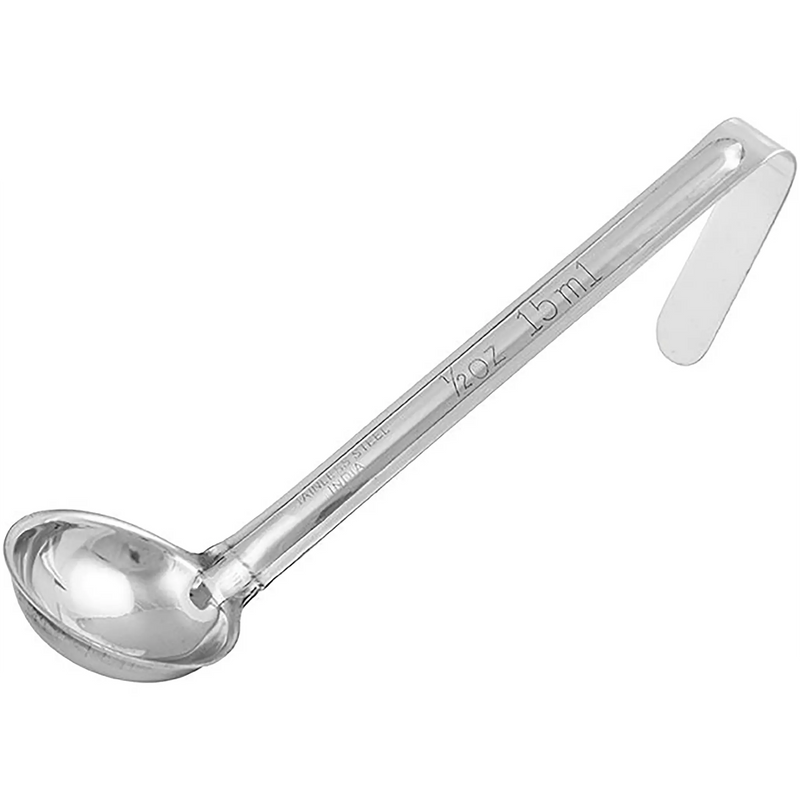 Winco one-piece stainless steel ladle with short 6 inch hooked handle, smallest bowl size option