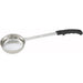 Winco one-piece stainless steel portion controller with black colour-coded handle and solid round bowl
