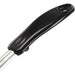 Winco one-piece stainless steel portion controller, close-up of the black plastic handle grip with hanging hole