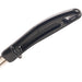 Winco stainless steel portion controller, close-up of the black handle's notched hook for resting on a pan edge