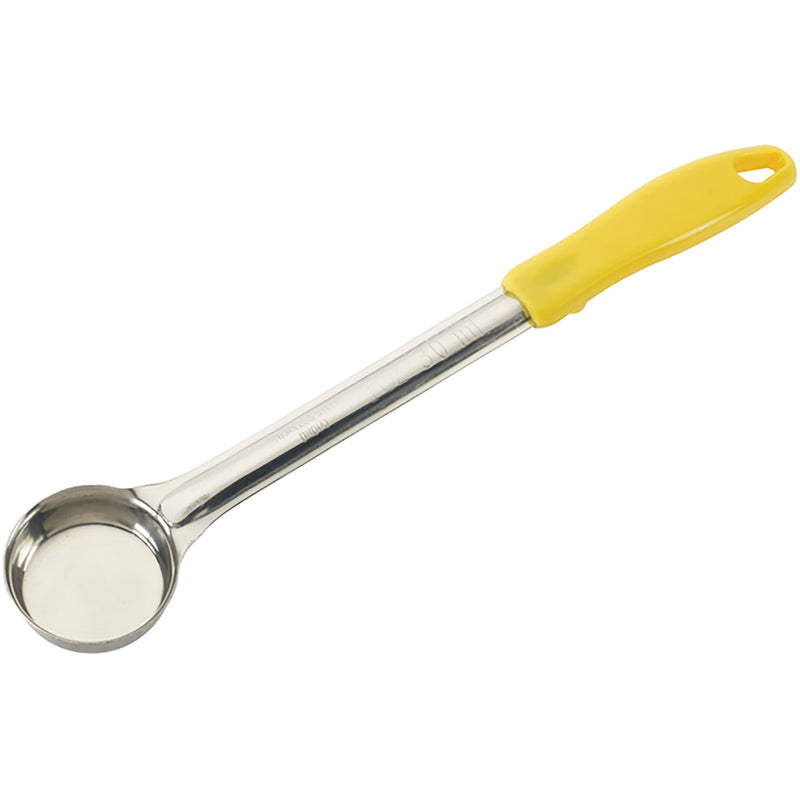 Winco one-piece stainless steel portion controller with yellow colour-coded handle and solid round bowl