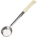 Winco one-piece stainless steel portion controller with ivory handle and perforated bowl for draining liquid