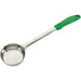 Winco one-piece stainless steel portion controller with green colour-coded handle and solid round bowl