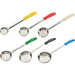 Winco one-piece stainless steel portion controllers in six colour-coded handles, solid and perforated bowl styles