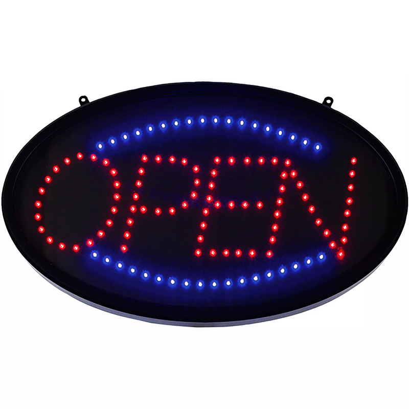 Winco oval Open LED sign with red lettering and blue border lights on a black background, lit up