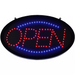 Winco oval Open LED sign with red lettering and blue border lights on a black background, lit up