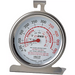 Winco stainless steel oven dial thermometer with red and black temperature scales and stand base, second size