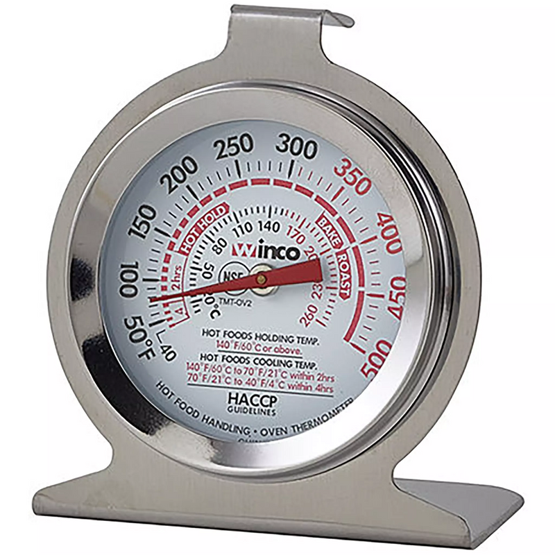 Winco stainless steel oven dial thermometer with red Fahrenheit scale, hanging hook and stand base, first size