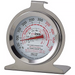 Winco stainless steel oven dial thermometer with red Fahrenheit scale, hanging hook and stand base, first size