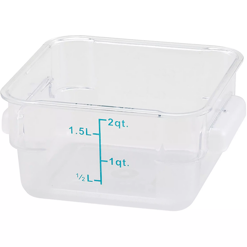 Omcan clear polycarbonate square storage container, short 2 quart size with teal litre and quart graduations