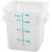 Omcan white polypropylene square storage container, 4 quart size with teal graduations and molded side handles