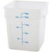 Omcan white polypropylene square storage container, 18 quart size with blue graduations and side handles